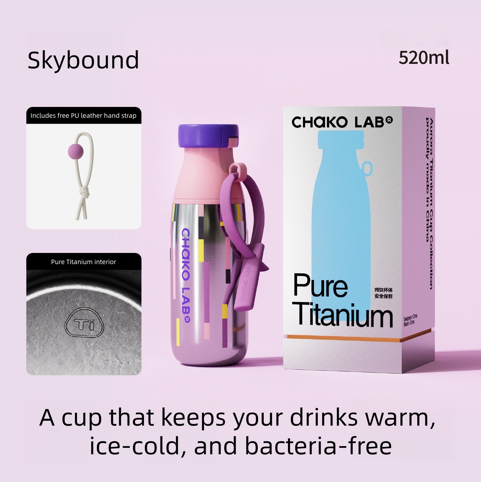 Chako Lab MilkMate Pure Titanium Water Bottle 520ml - Dual Lid (Flip & Straw), Lightweight Insulated Flask, BPA-Free, Gift for Coffee & Tea Lovers