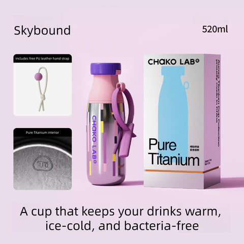 Chako Lab MilkMate Pure Titanium Water Bottle 520ml - Dual Lid (Flip & Straw), Lightweight Insulated Flask, BPA-Free, Gift for Coffee & Tea Lovers