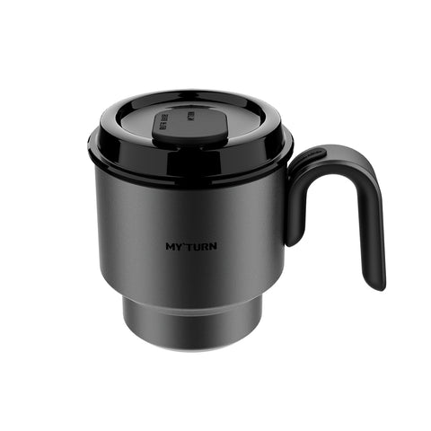MY TURN Premium Coffee Tumbler - 450ml Double-Wall Insulated Mug, SUS316 Stainless Steel, Ergonomic Handle (Black Mirror/Silver)