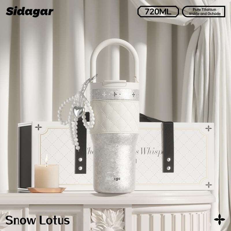 SIDAGAR Elysees Whisp Pure Titanium Tumbler with Pearl Accent - 720ml Light Luxury Insulated Cup, Chanel-Style Gift for Women