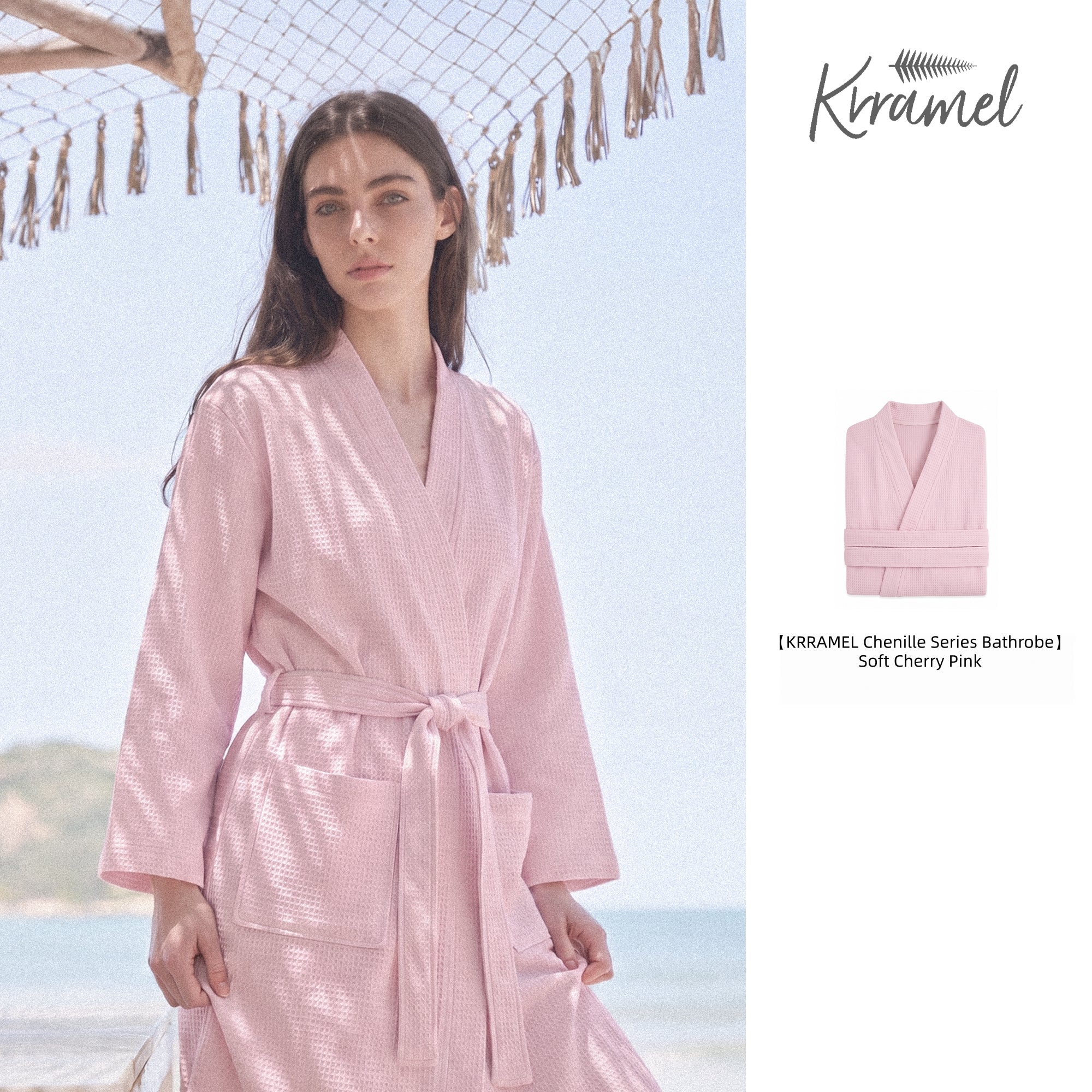 KRRAMEL Chenille Series Waffle Weave Kimono Bathrobe for Women — 100% Lint-Free, 10A Antibacterial, Quick-Dry, 125cm Extended Length with Detachable Belt, Soft Cherry Pink