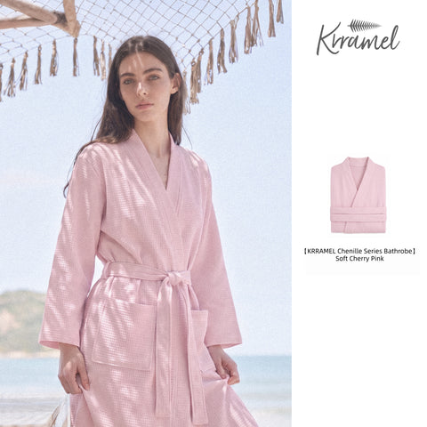 KRRAMEL Chenille Series Waffle Weave Kimono Bathrobe for Women — 100% Lint-Free, 10A Antibacterial, Quick-Dry, 125cm Extended Length with Detachable Belt, Soft Cherry Pink