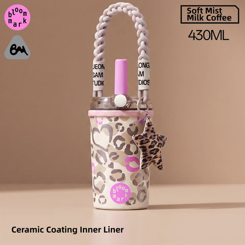 BLOOMMARK Leopard Print Insulated Tumbler with Straw – 660ml/430ml Ceramic-Lined Stainless Steel Travel Cup – 8H Cold & 6H Hot Retention, Leak-Proof Finger-Lock Lid, Braided Carry Strap, Fits Car Cup Holders