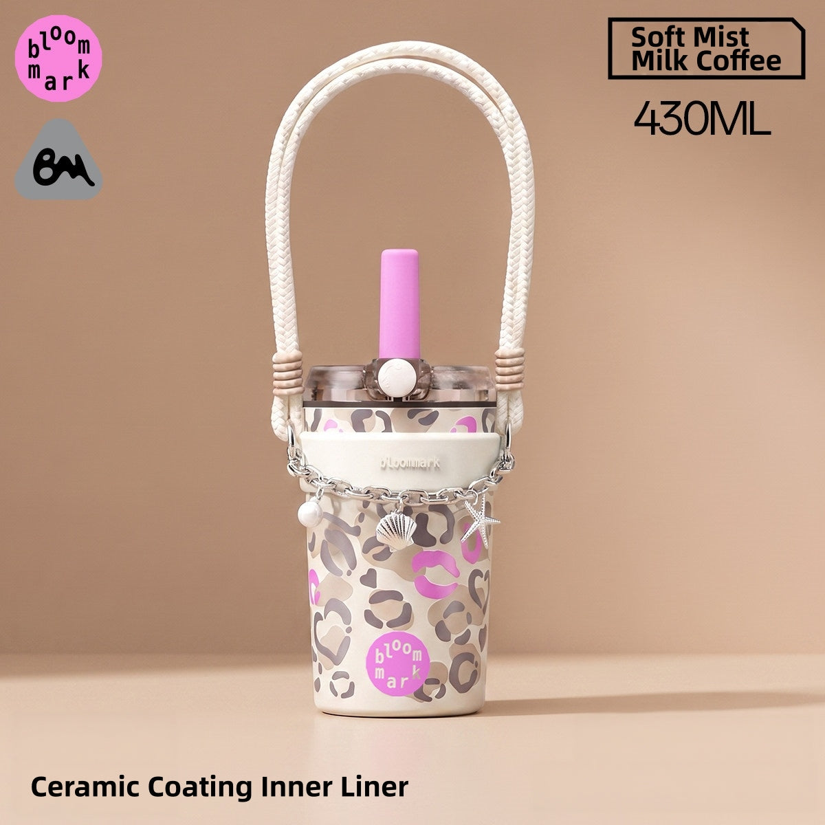 BLOOMMARK Leopard Print Insulated Tumbler with Straw – 660ml/430ml Ceramic-Lined Stainless Steel Travel Cup – 8H Cold & 6H Hot Retention, Leak-Proof Finger-Lock Lid, Braided Carry Strap, Fits Car Cup Holders