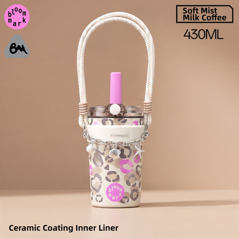 BLOOMMARK Leopard Print Insulated Tumbler with Straw – 660ml/430ml Ceramic-Lined Stainless Steel Travel Cup – 8H Cold & 6H Hot Retention, Leak-Proof Finger-Lock Lid, Braided Carry Strap, Fits Car Cup Holders