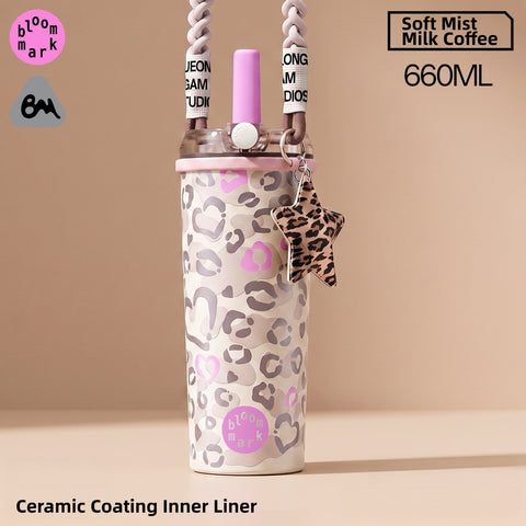 BLOOMMARK Leopard Print Insulated Tumbler with Straw – 660ml/430ml Ceramic-Lined Stainless Steel Travel Cup – 8H Cold & 6H Hot Retention, Leak-Proof Finger-Lock Lid, Braided Carry Strap, Fits Car Cup Holders