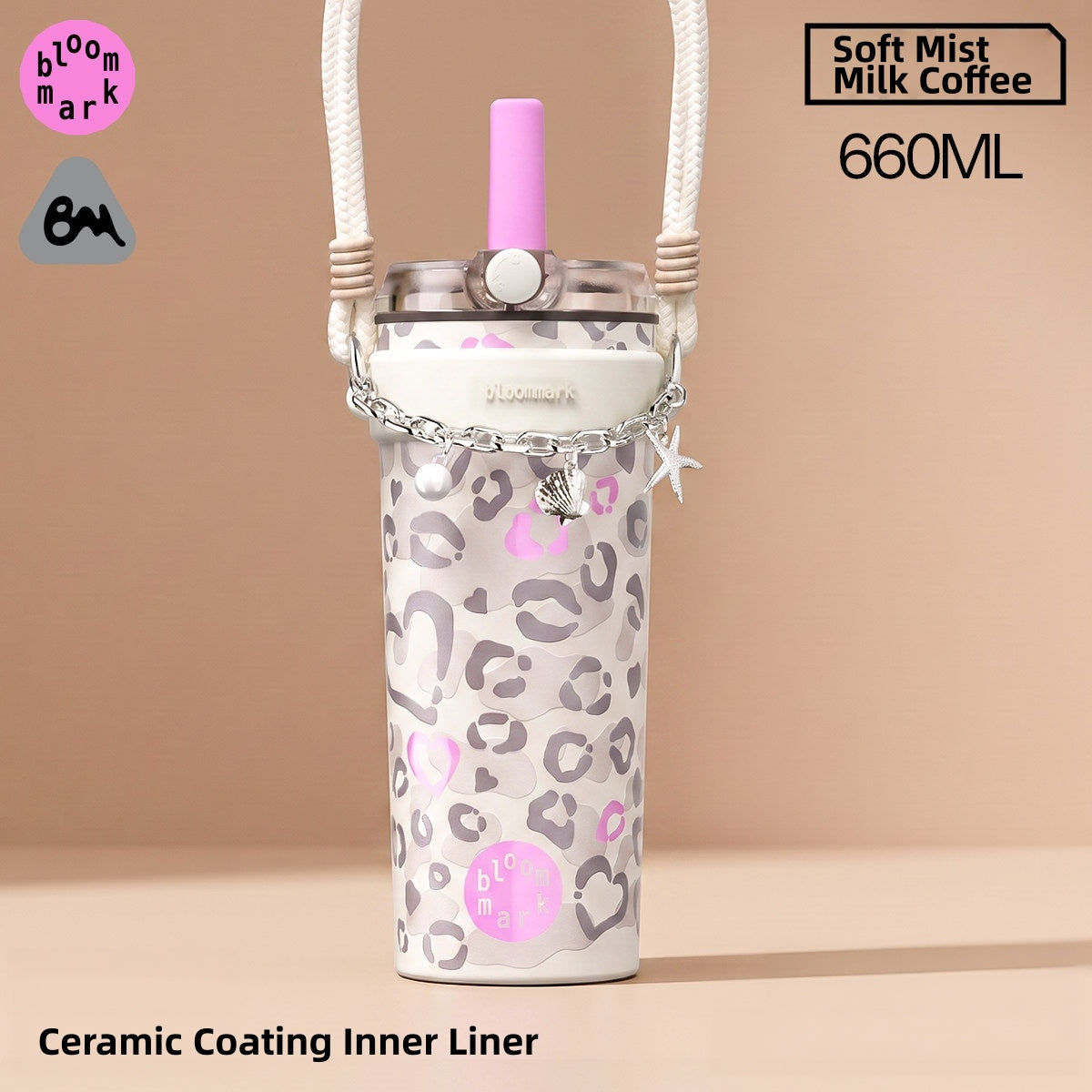 BLOOMMARK Leopard Print Insulated Tumbler with Straw – 660ml/430ml Ceramic-Lined Stainless Steel Travel Cup – 8H Cold & 6H Hot Retention, Leak-Proof Finger-Lock Lid, Braided Carry Strap, Fits Car Cup Holders
