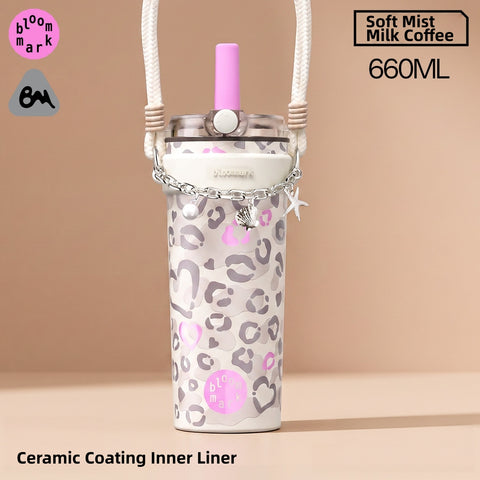 BLOOMMARK Leopard Print Insulated Tumbler with Straw – 660ml/430ml Ceramic-Lined Stainless Steel Travel Cup – 8H Cold & 6H Hot Retention, Leak-Proof Finger-Lock Lid, Braided Carry Strap, Fits Car Cup Holders