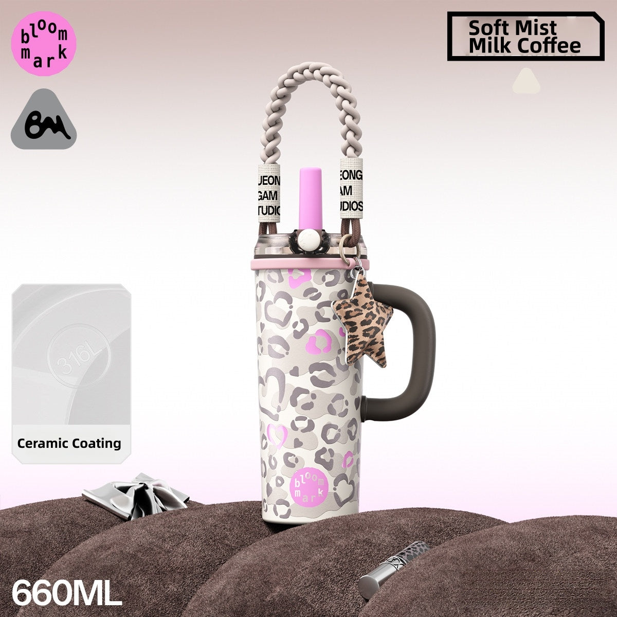 BLOOMMARK Leopard Print Insulated Tumbler with Straw – 660ml/430ml Ceramic-Lined Stainless Steel Travel Cup – 8H Cold & 6H Hot Retention, Leak-Proof Finger-Lock Lid, Braided Carry Strap, Fits Car Cup Holders