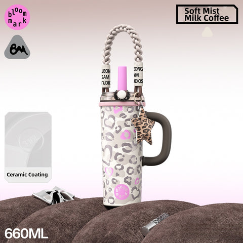 BLOOMMARK Leopard Print Insulated Tumbler with Straw – 660ml/430ml Ceramic-Lined Stainless Steel Travel Cup – 8H Cold & 6H Hot Retention, Leak-Proof Finger-Lock Lid, Braided Carry Strap, Fits Car Cup Holders