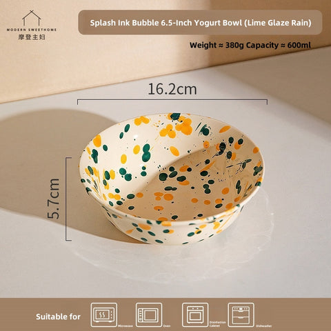 MDZF Modern Artistic Splatter Ink Ceramic Bowls - Microwave & Dishwasher Safe, Undeglaze Color Process, Abstract INS-Style Tableware for Yogurt, Salad, Soup (600ml, 380g)