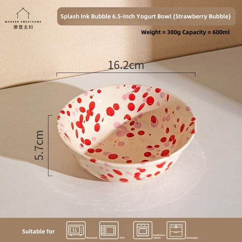 MDZF Modern Artistic Splatter Ink Ceramic Bowls - Microwave & Dishwasher Safe, Undeglaze Color Process, Abstract INS-Style Tableware for Yogurt, Salad, Soup (600ml, 380g)