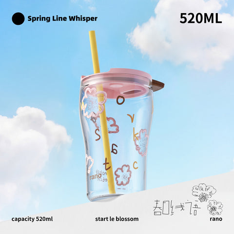 Rano Le Blossom Bubble Glass Cup 520ml — Borosilicate Iced Coffee Tumbler with Magnetic Sliding Lid & Straw | Cherry Blossom Floral Design | Reusable Boba Tea Cup for Office, Home & Outdoor