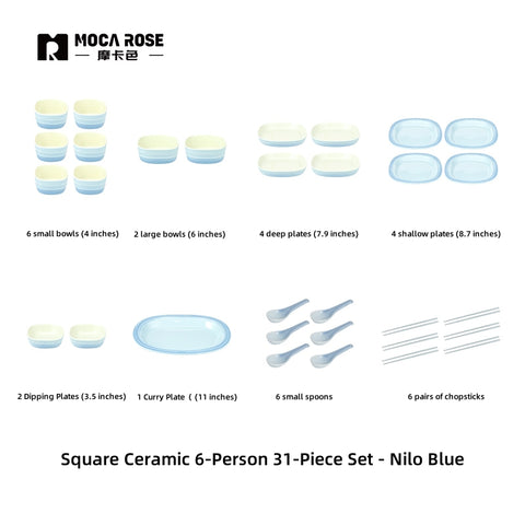 MOCAROSE Square Stoneware Dinnerware Set Nile Blue - Handcrafted Heat-Resistant Modern Tableware