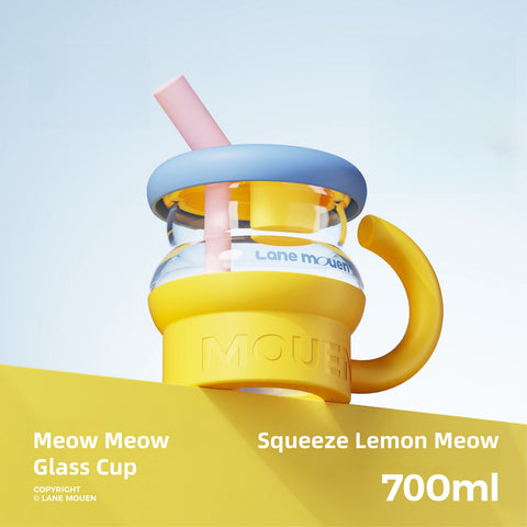 Lane Mouen Meow Meow Cup – 700ml Glass Drinking Cup with Detachable Straws | Cute & Functional for Hot and Cold Beverages