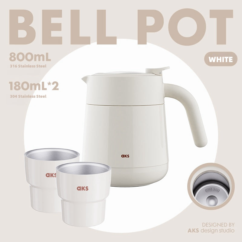 AKS 800ml Bell Pot - Multi-Use Insulated Flask for Coffee, Tea & Cold Brew with Stainless Steel Filter and Ceramic Coating, IV-Class Thermal Carafe with Handle & Sharing Cups