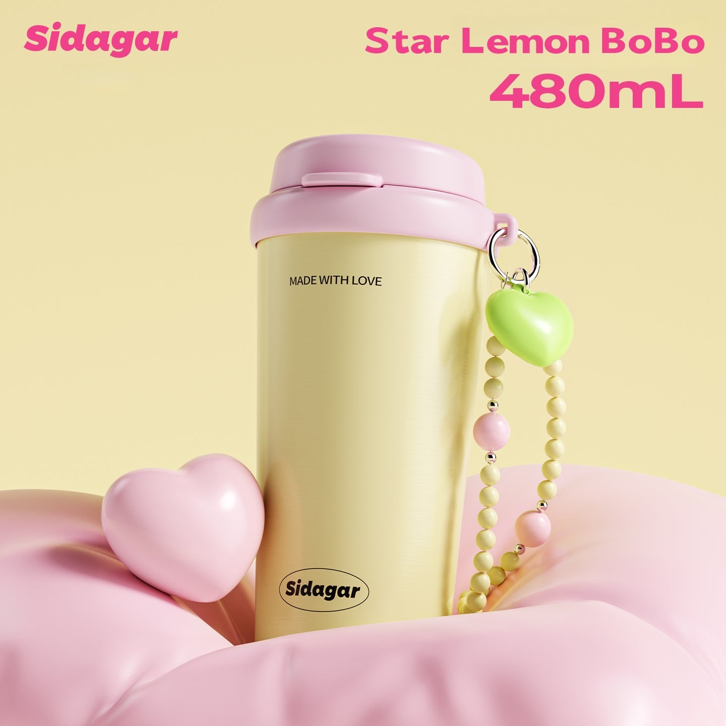 Sidagar Insulated Honey Coffee Cup w/Ceramic Coating - 480ml Triple Drink Mode Leak-Proof Stainless Steel Travel Mug