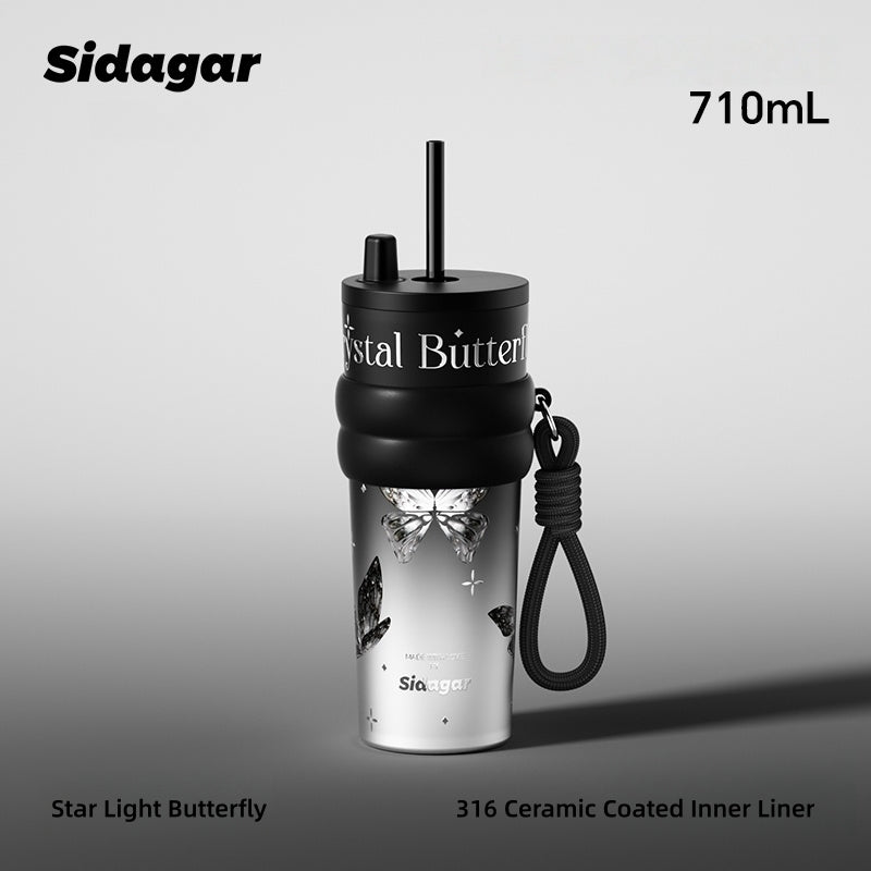 Sidagar Nova Insulated Stainless Steel Water Bottle with Ceramic Coating, 3 Drinking Modes (Straw/Sip/Share), 620ml, Leakproof & Portable Handle – Crystal Butterfly Design