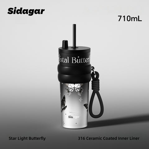 Sidagar Nova Insulated Stainless Steel Water Bottle with Ceramic Coating, 3 Drinking Modes (Straw/Sip/Share), 620ml, Leakproof & Portable Handle – Crystal Butterfly Design