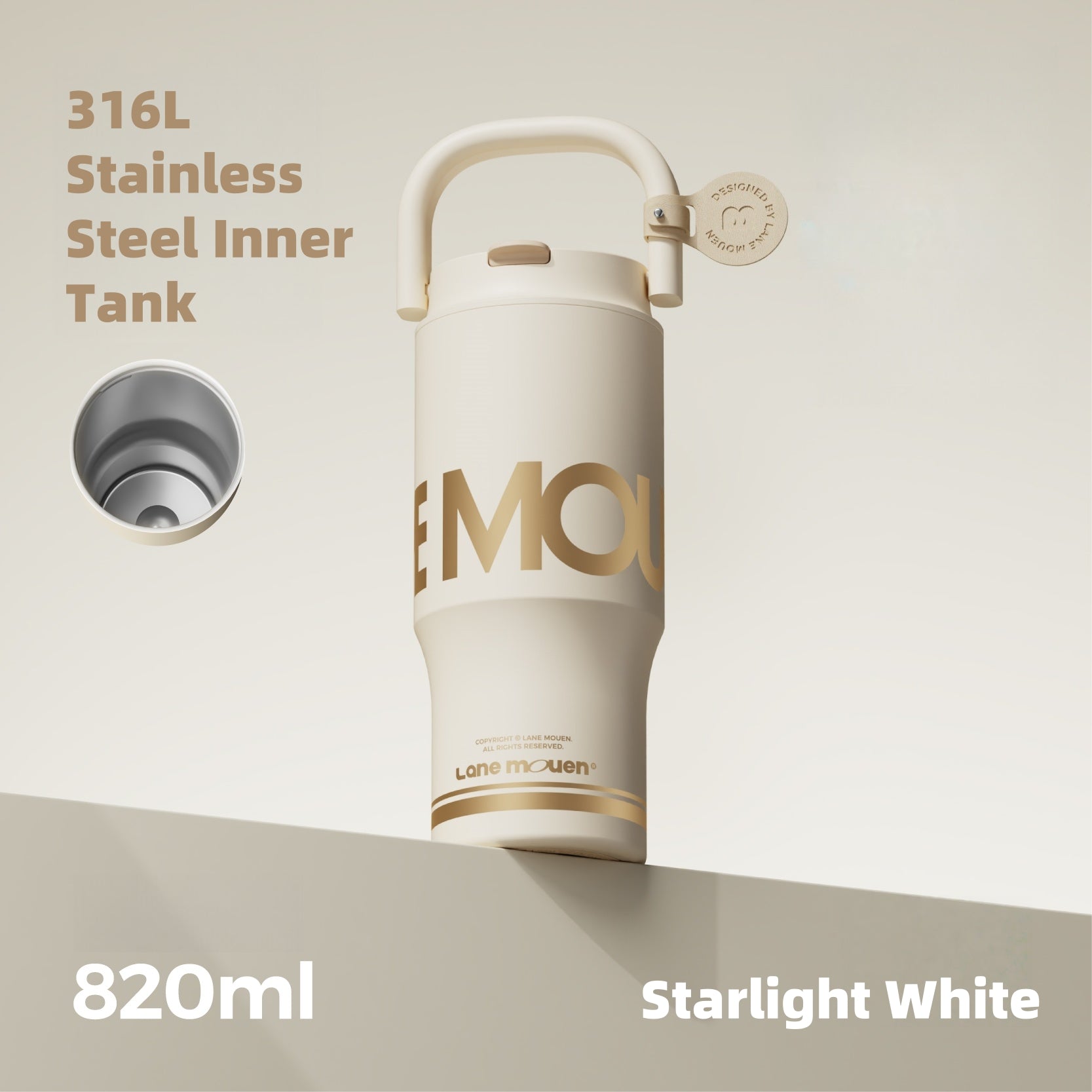LANE MOUEN QI Vacuum Insulated Tumbler 820ml Double Wall with Straw & Tea Infuser - 2-in-1 Leakproof Cup for Hot/Cold Drinks, Car Holder Friendly