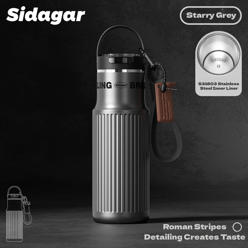 Sidagar Light Column Stainless Steel Water Bottle – 570ml, Double Drinking Modes, 360° Leakproof, Insulated, S31603 Inner Layer, Roman Stripe Design