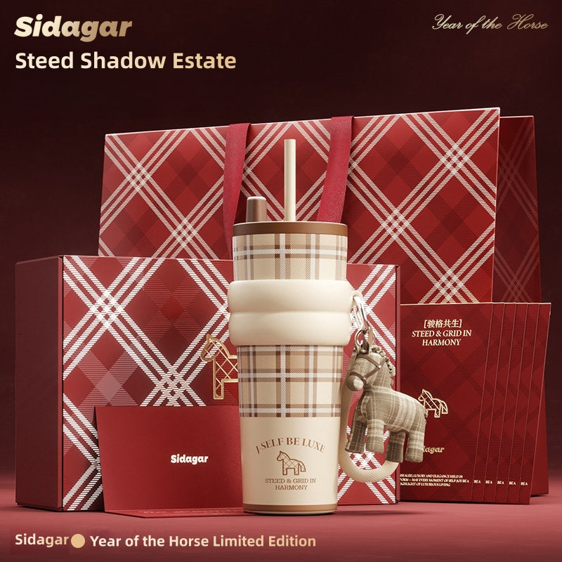 Sidagar 710ml Insulated Stainless Steel Water Bottle with Ceramic Coating, Luxury Horse Year Limited Edition Gift Box Set - Double Lid Leak-Proof Thermos for Hot/Cold Drinks, Coffee Tea Travel Mug