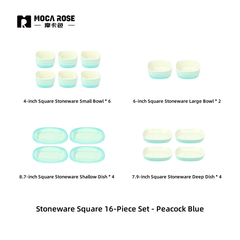 MOCAROSE Square Flame Porcelain Dinnerware Set - Oven-Safe Mocha & Peacock Teal
