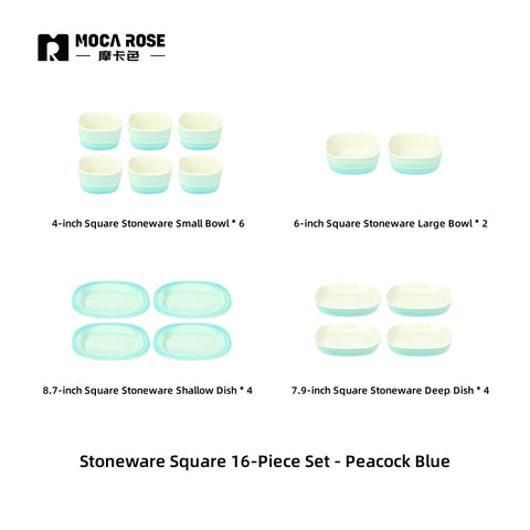MOCAROSE Square Flame Porcelain Dinnerware Set - Oven-Safe Mocha & Peacock Teal