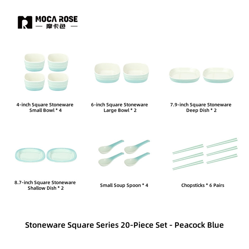 MOCAROSE Square Flame Porcelain Dinnerware Set - Oven-Safe Mocha & Peacock Teal