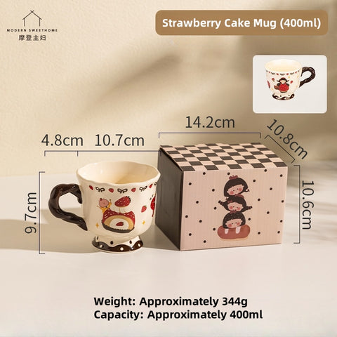 MDZF Artisan Ceramic Mug - 400ml Whimsical Animal Design, Microwave & Dishwasher Safe, High-Footed Retro Coffee Cup with Wavy Rim