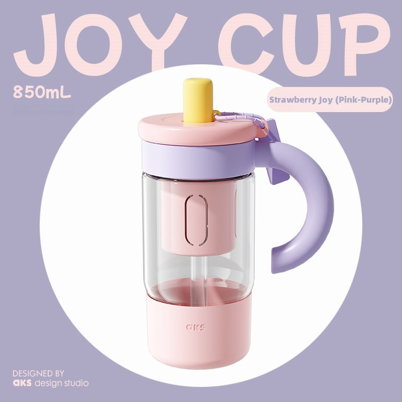 AKS JOY CUP 850mL Large Capacity Glass Tumbler with Tea Infuser & Straw - Leak-Proof, Heat-Resistant, with Handle and Detachable Lid for Iced Tea and Summer Drinks