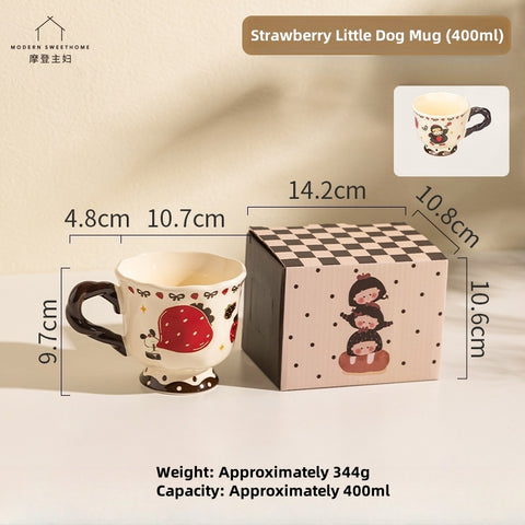 MDZF Artisan Ceramic Mug - 400ml Whimsical Animal Design, Microwave & Dishwasher Safe, High-Footed Retro Coffee Cup with Wavy Rim