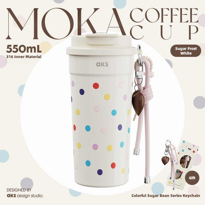 AKS MOKA Double Lid Coffee Tumbler 550ml - 316 Stainless Steel, 24H Insulated, Leak-Proof, DIY Strap (Frosted Sugar/Cosmic Pop)