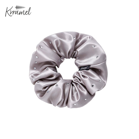 KRRAMEL 22 Momme 100% Mulberry Silk Scrunchie – 6A Grade Silk Hair Tie with Crystal Rhinestones – Gentle No-Damage Hair Accessory for Women & Girls (5cm Width)