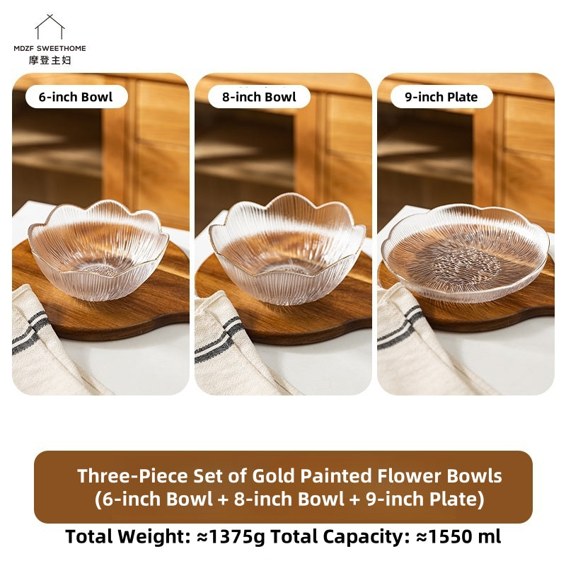 Artisan Gold-Trimmed Sodium Calcium Glass Bowls & Plates - Handcrafted Flower Language Series with Glacial Texture