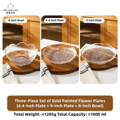 Artisan Gold-Trimmed Sodium Calcium Glass Bowls & Plates - Handcrafted Flower Language Series with Glacial Texture