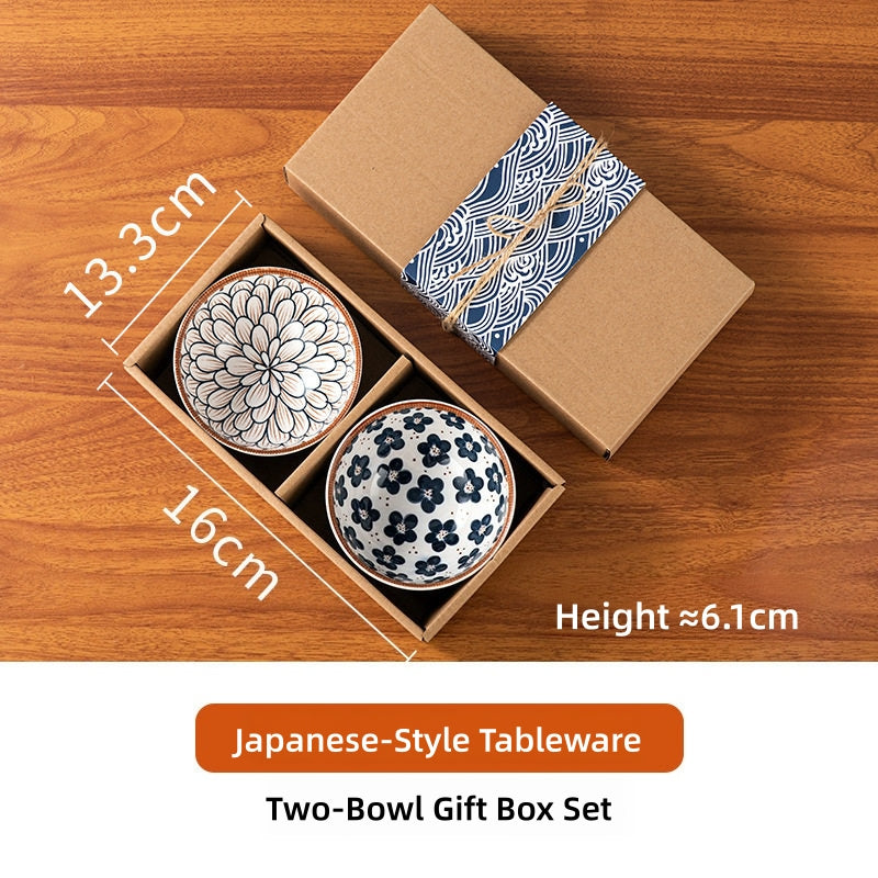 THREE LIFE Rattan Series Japanese Ceramic Dinnerware Set – Blue & White Floral Plates, Rice Bowls, Chopsticks & Spoon | Hand-Painted Underglaze Porcelain Tableware for Home Kitchen