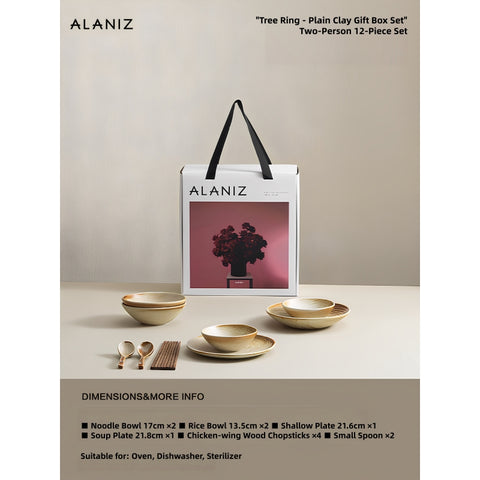 ALANIZ Year-Ring Stoneware Dinnerware Set – Japanese Retro Reactive Glaze Plates & Bowls, 12/21/29/37 Piece Service for 2/4/6/8, Oven & Microwave Safe, Vintage Yellow Ceramic Tableware