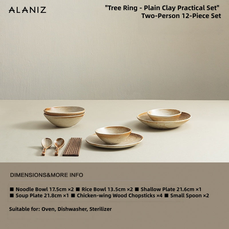 ALANIZ Year-Ring Stoneware Dinnerware Set – Japanese Retro Reactive Glaze Plates & Bowls, 12/21/29/37 Piece Service for 2/4/6/8, Oven & Microwave Safe, Vintage Yellow Ceramic Tableware