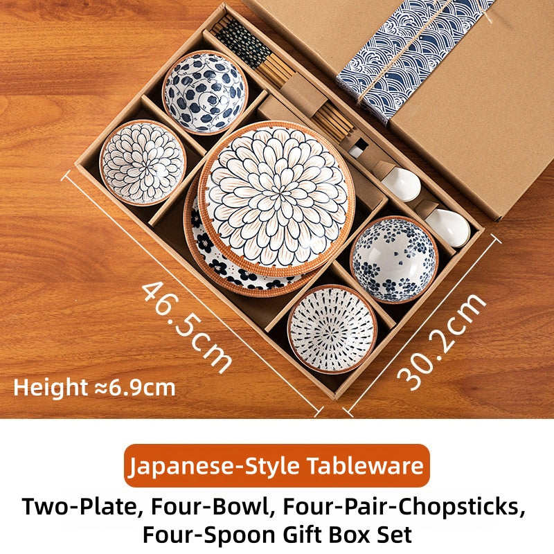 THREE LIFE Rattan Series Japanese Ceramic Dinnerware Set – Blue & White Floral Plates, Rice Bowls, Chopsticks & Spoon | Hand-Painted Underglaze Porcelain Tableware for Home Kitchen