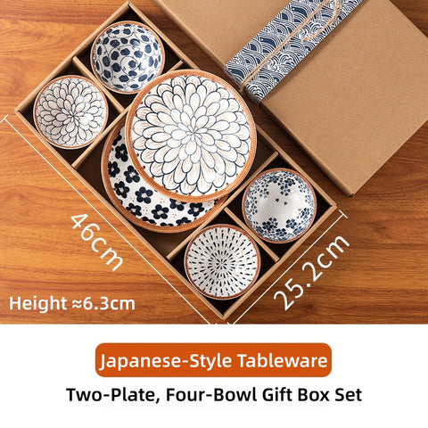 THREE LIFE Rattan Series Japanese Ceramic Dinnerware Set – Blue & White Floral Plates, Rice Bowls, Chopsticks & Spoon | Hand-Painted Underglaze Porcelain Tableware for Home Kitchen