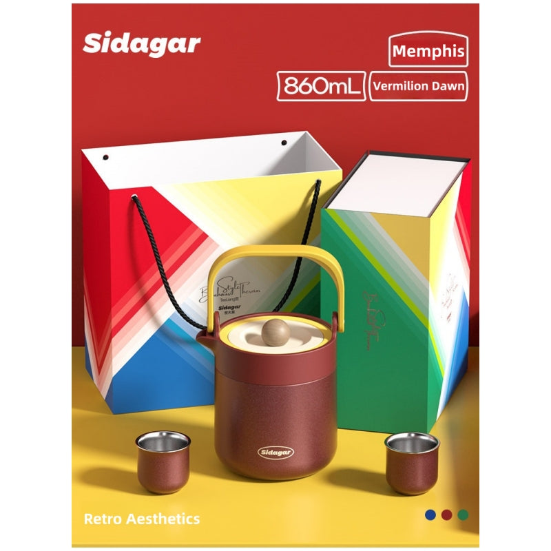 Sidagar Memphis Collection 860ml Stainless Steel Teapot | S31603 Insulated Travel Tea Flask with Infuser | Double-Wall Vacuum Thermo Tea Set for Home, Office & Outdoor | Gorgeous Retro Colors