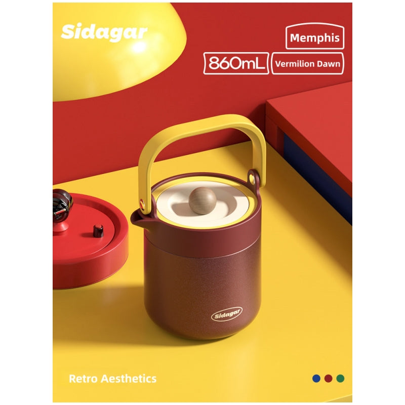 Sidagar Memphis Collection 860ml Stainless Steel Teapot | S31603 Insulated Travel Tea Flask with Infuser | Double-Wall Vacuum Thermo Tea Set for Home, Office & Outdoor | Gorgeous Retro Colors