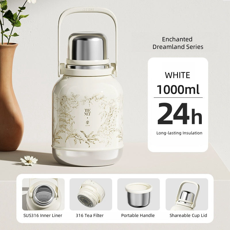 Lily of the Valley Vacuum Flask - 1000ml Stainless Steel Insulated Bottle with Dual-use Lid for Tea and Coffee | Portable, Leak-proof, and High-capacity