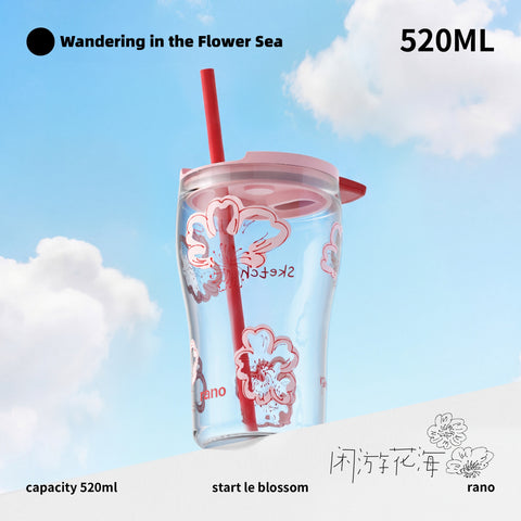 Rano Le Blossom Bubble Glass Cup 520ml — Borosilicate Iced Coffee Tumbler with Magnetic Sliding Lid & Straw | Cherry Blossom Floral Design | Reusable Boba Tea Cup for Office, Home & Outdoor