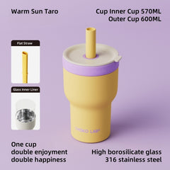 CHAKO LAB Dual-Layer Insulated Tumbler – 570mL Borosilicate Glass Inner Cup & 600mL Stainless Steel Thermos, 2-in-1 Detachable Design for Hot/Cold Drinks