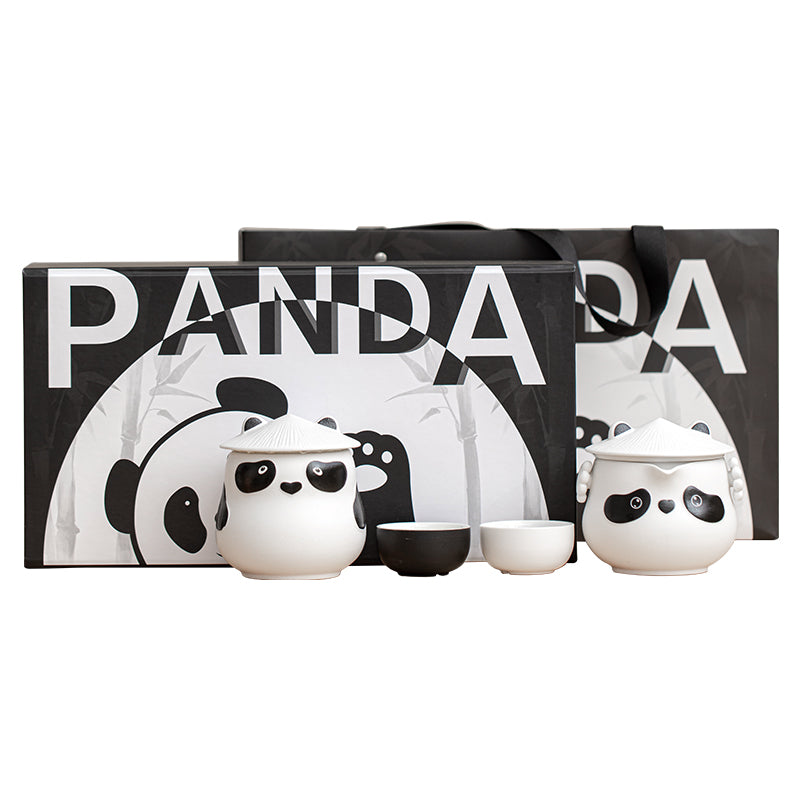 Bei Xia Panda Teapot and Bear Paw Cups Set on Bamboo Tea Tray