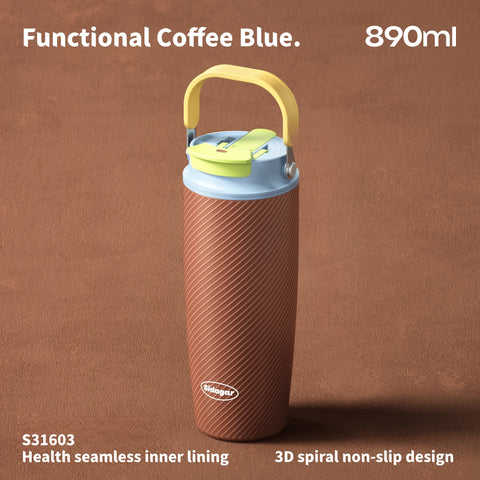 890ml Dazzling Color Stainless Steel Tumbler with Dual-Drink Lid & Textured Grip - Trendy Insulated Water Bottle for Travel & Gym