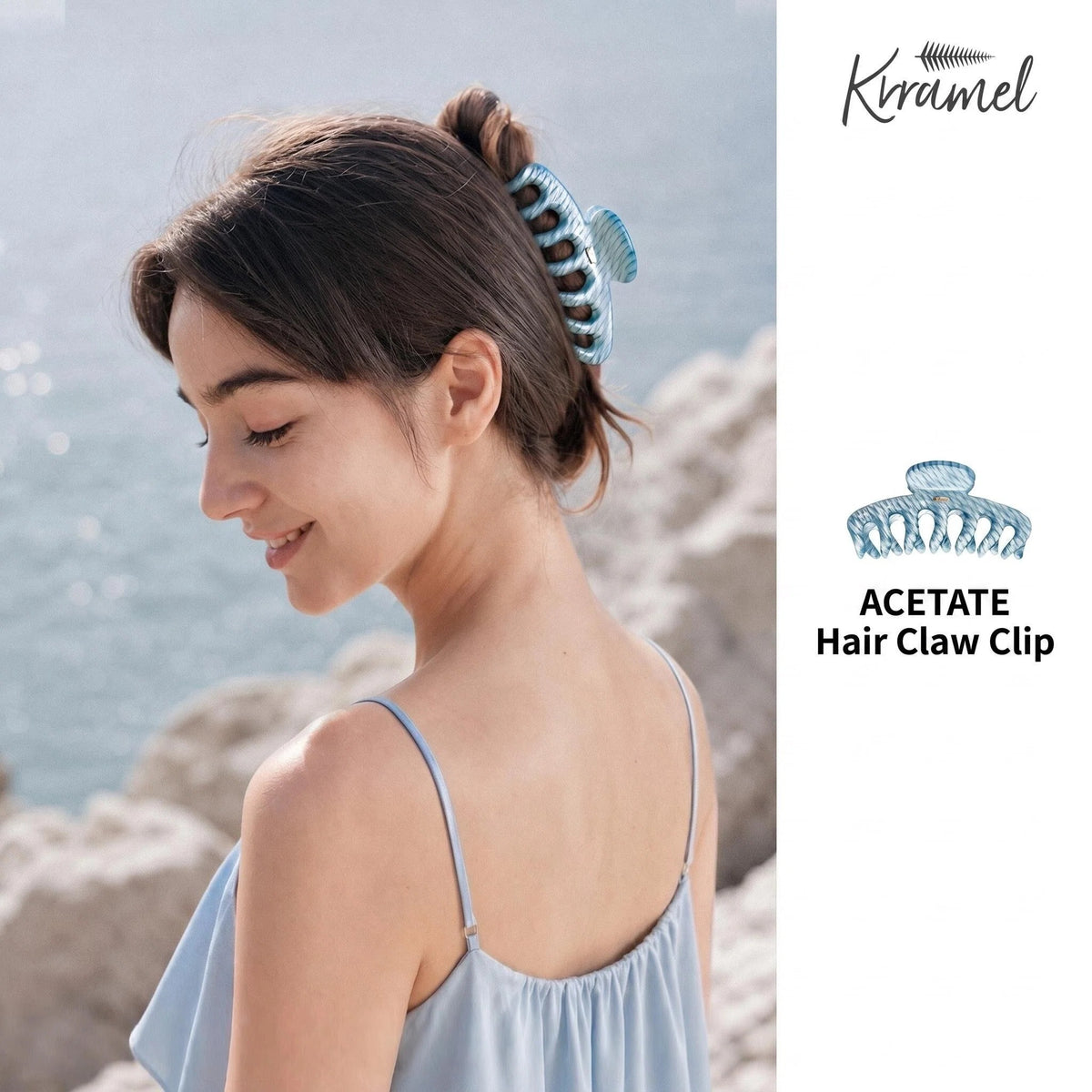 KRRAMEL Acetate Hair Claw Clip for Women – 10.5cm Large Plant-Based Cellulose Acetate Jaw Clip, Strong Hold Non-Slip Hair Accessory for Thick & Curly Hair, Lightweight Luxury French-Style Hair Claw (Lake Blue Marble)