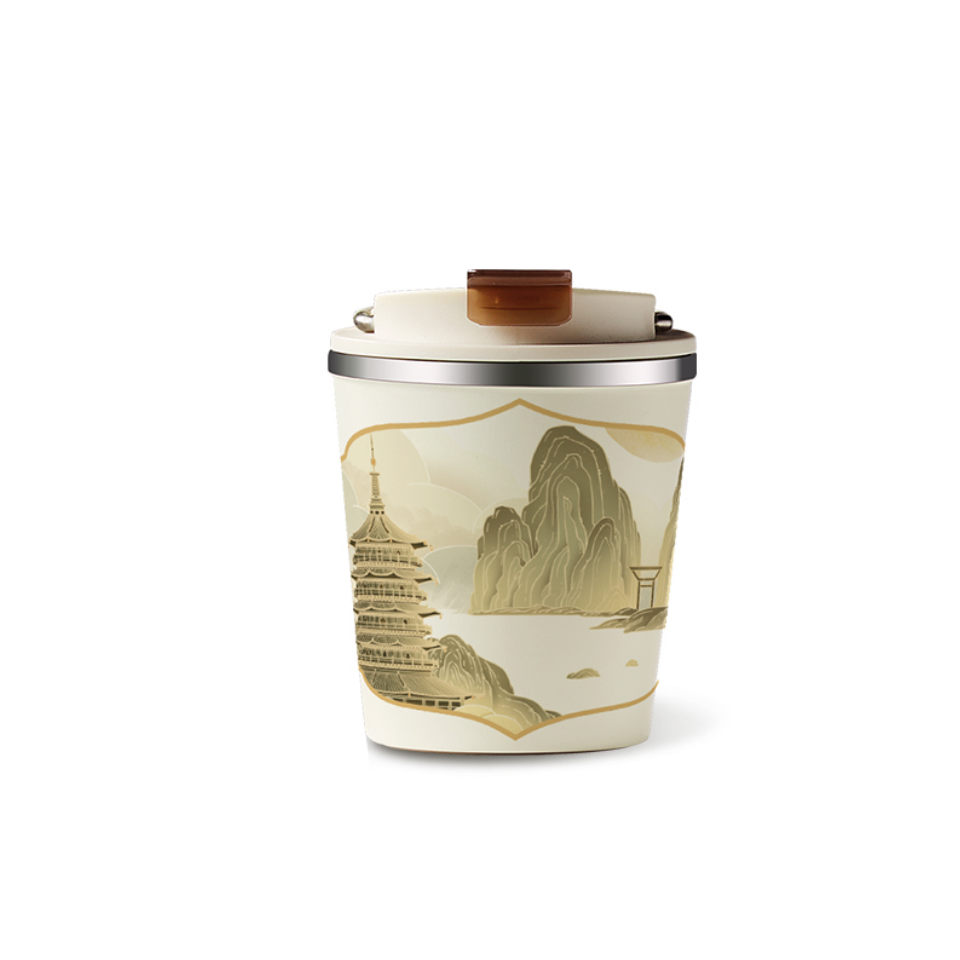 KISIKI Stylish Ceramic Layer Travel Coffee Cup with Lid - Leak-Proof, Double-Walled Insulation, and Modern Design